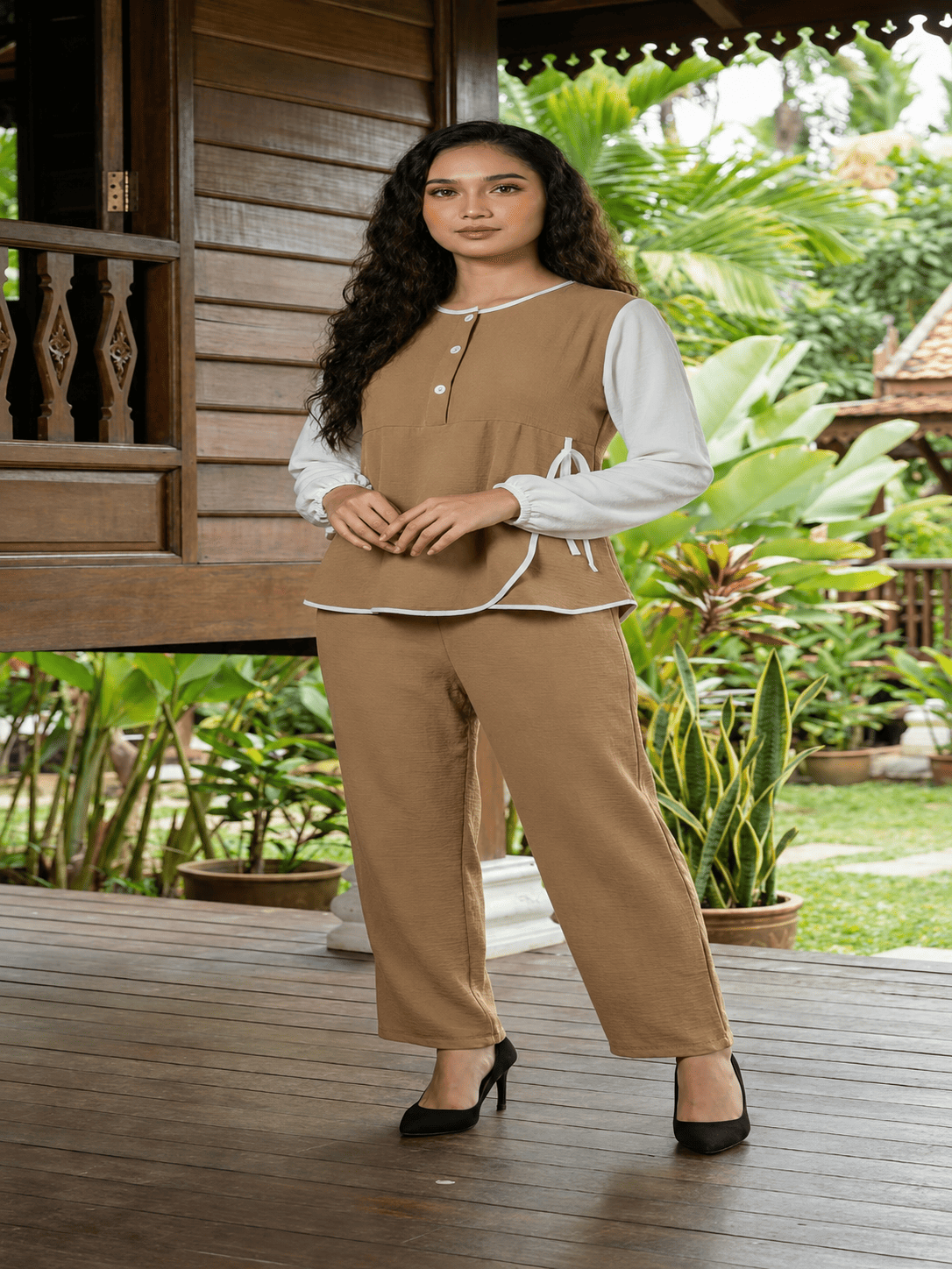 Casual Ribbon Dress & Trouser Set