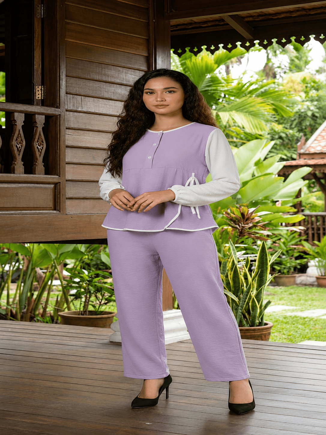 Casual Ribbon Dress & Trouser Set