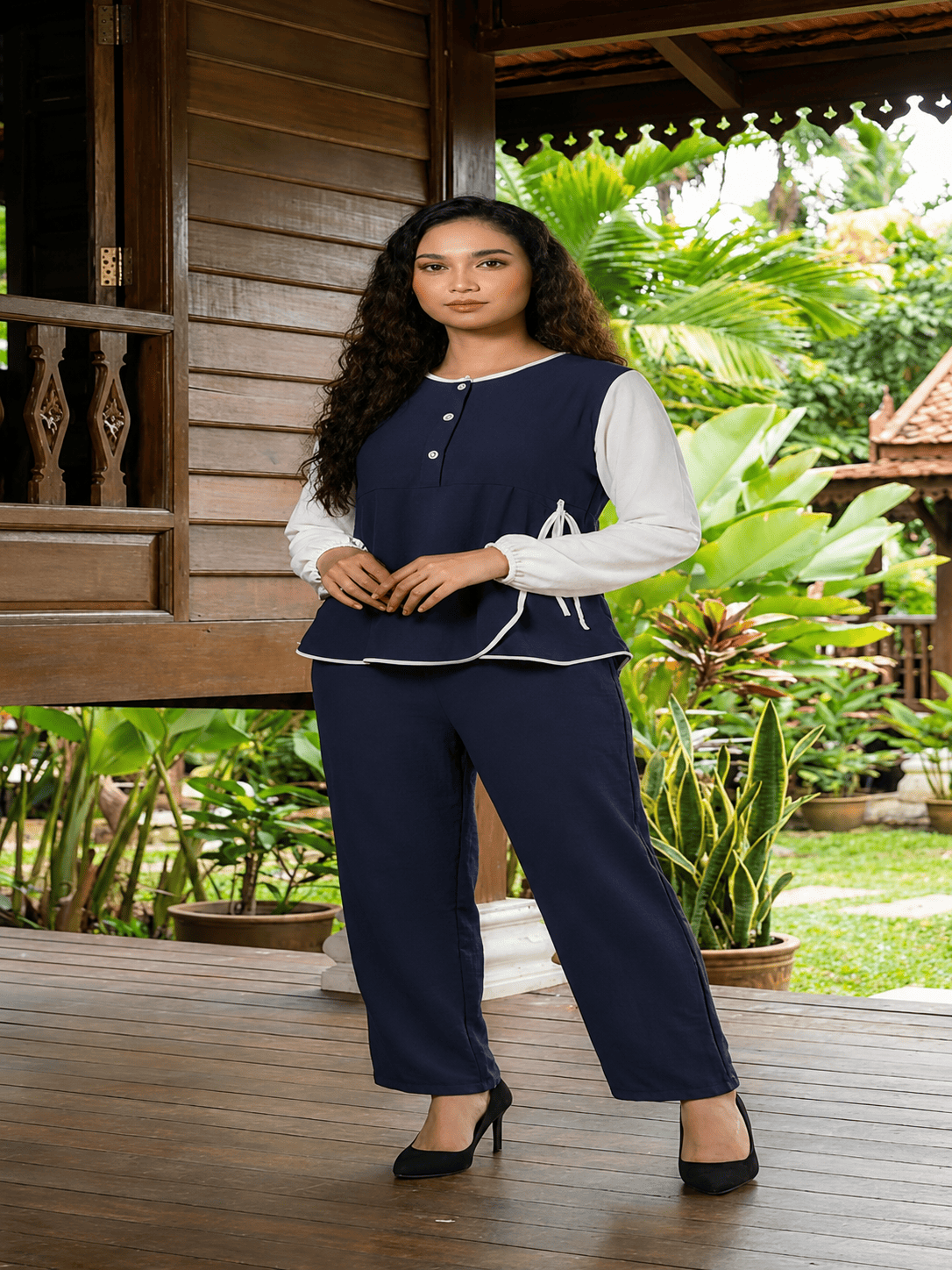 Casual Ribbon Dress & Trouser Set