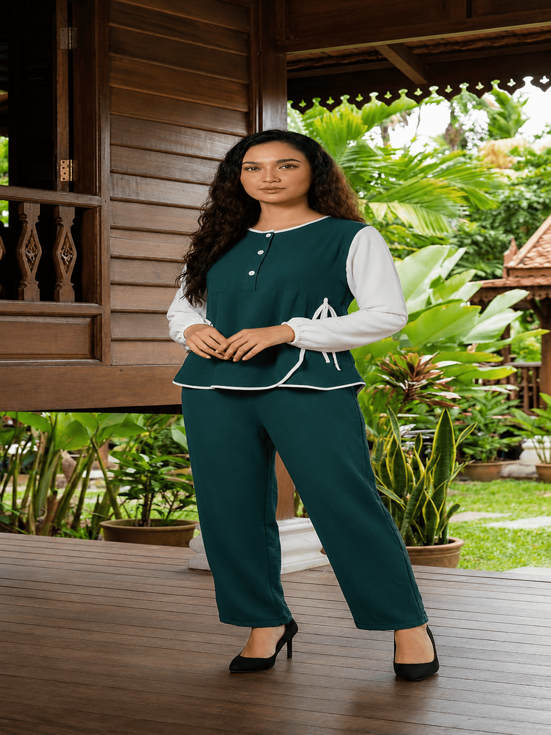 Casual Ribbon Dress & Trouser Set