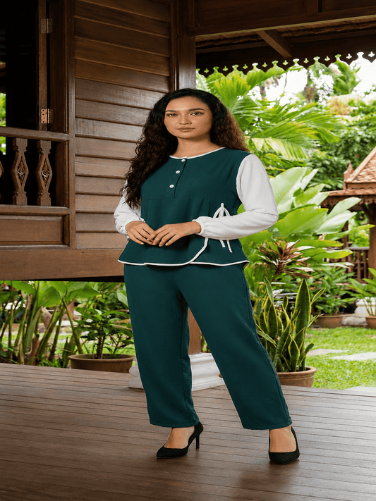Casual Ribbon Dress & Trouser Set