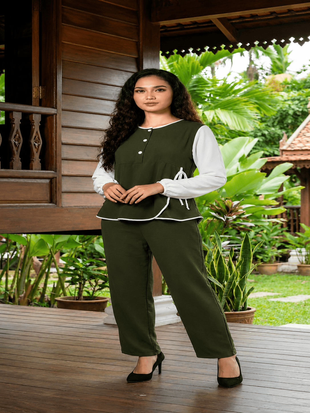 Casual Ribbon Dress & Trouser Set