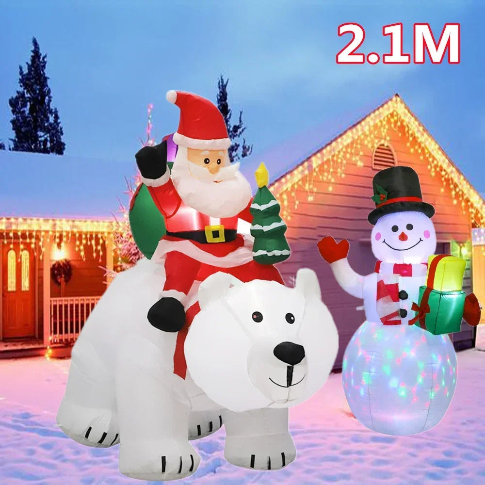 Christmas Santa Claus Rides Polar Bear And Snowman