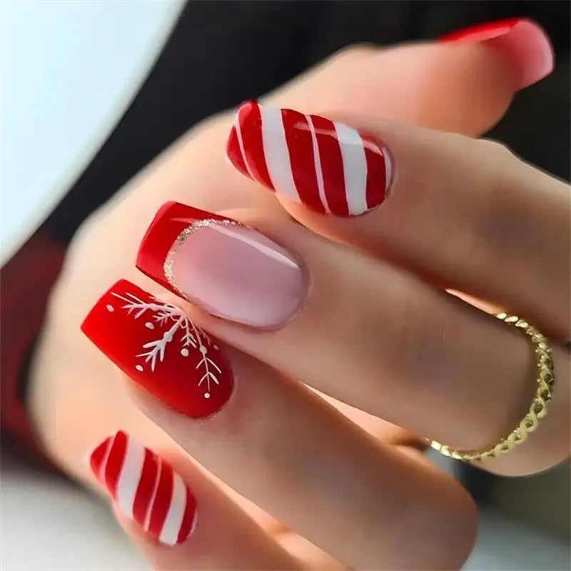 Glossy Short Ballet Fake Nails Christmas Red Press