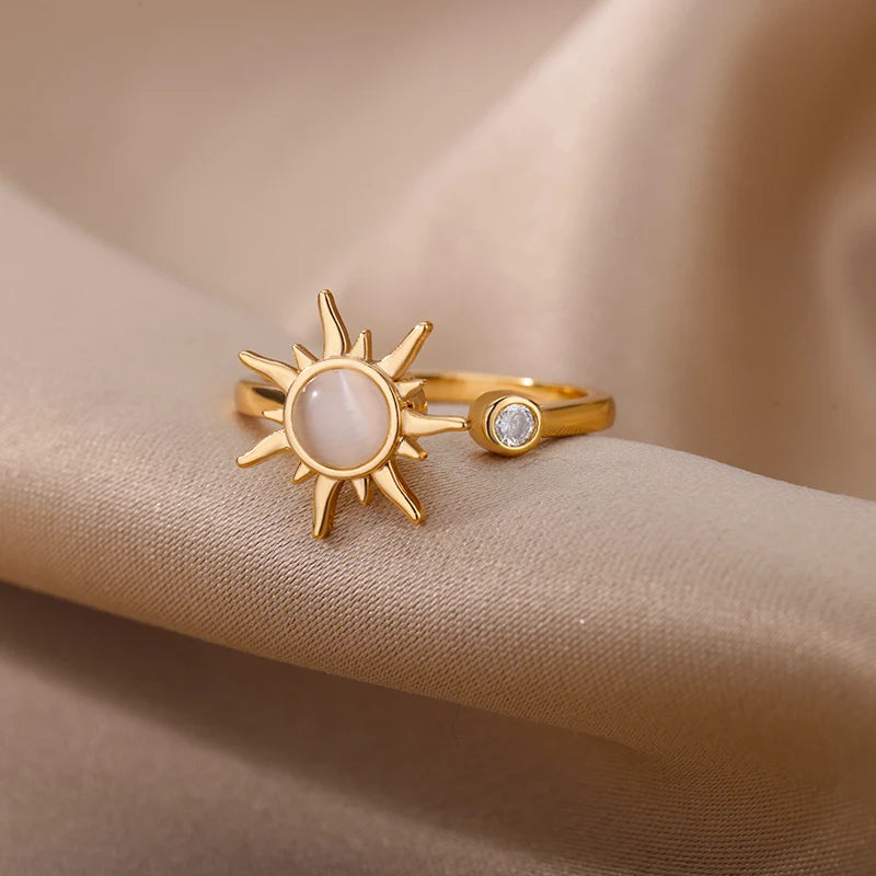 Rotating Sun Opal Ring For Women Stainless Steel Retro