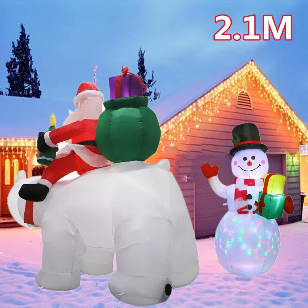 Christmas Santa Claus Rides Polar Bear And Snowman