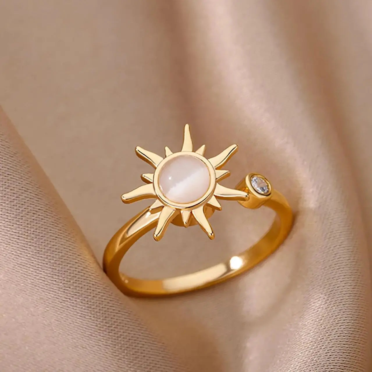 Rotating Sun Opal Ring For Women Stainless Steel Retro