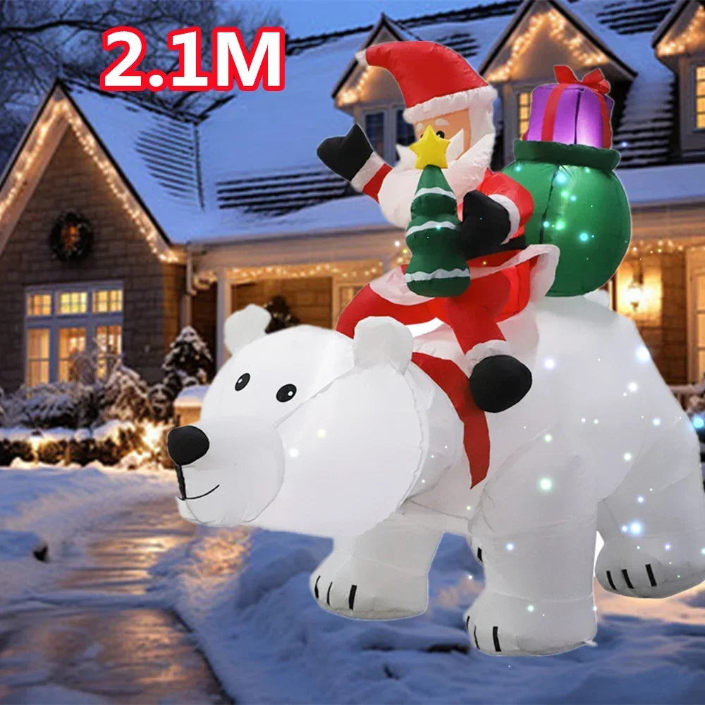 Christmas Santa Claus Rides Polar Bear And Snowman