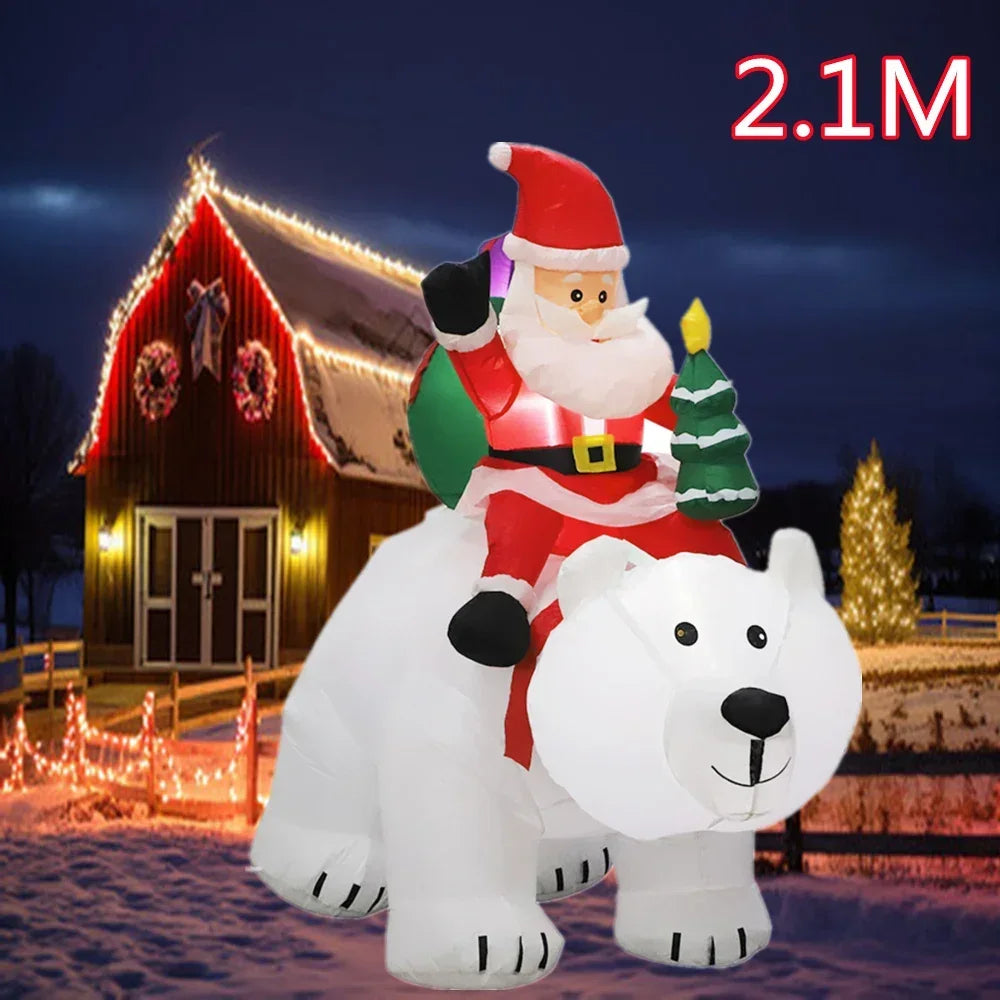 Christmas Santa Claus Rides Polar Bear And Snowman