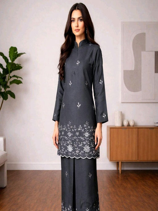 Modern Embroidered Cotton Linen Baju Kurung